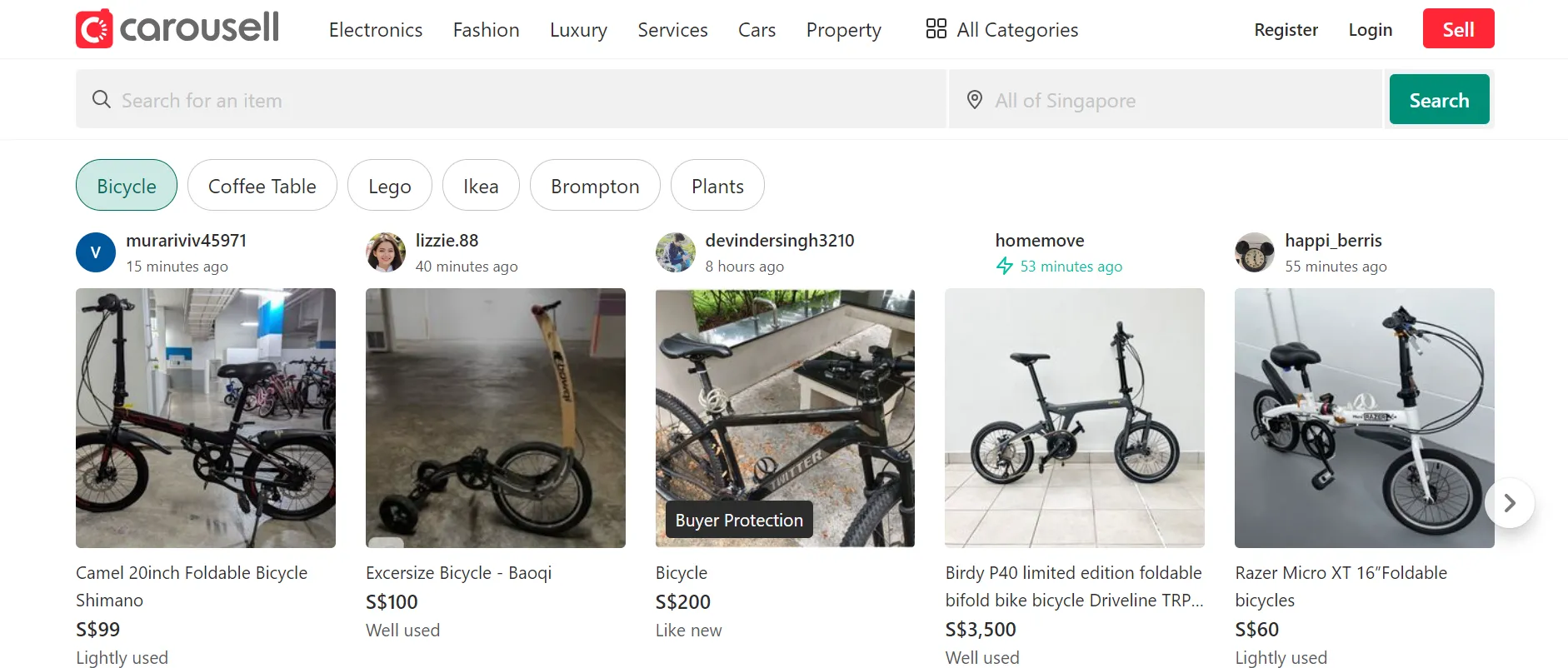 Carousell website displaying a range of secondhand and new items for online shopping in Singapore.