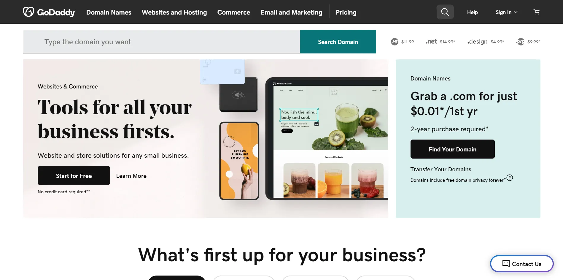 GoDaddy website homepage with domain registration services.