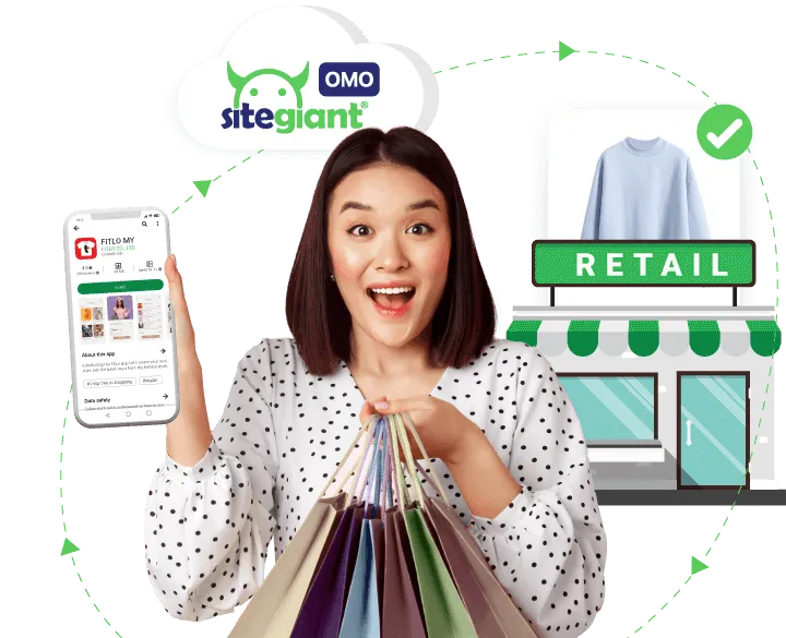 SiteGiant's OMO platform and shopping app, with tools for managing online and offline sales, inventory, and customer data.