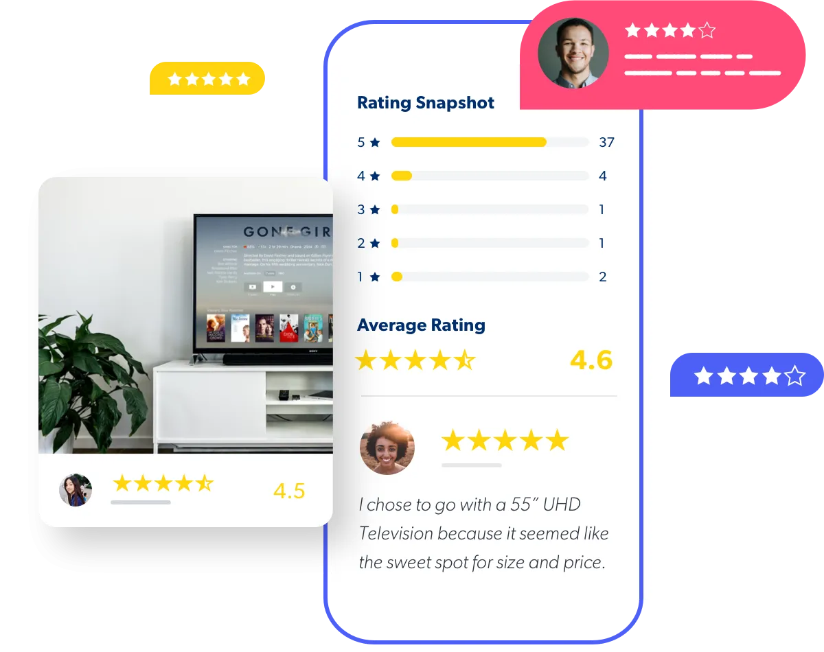 user reviews and ratings on a shopping app, highlighting customer feedback and product ratings.