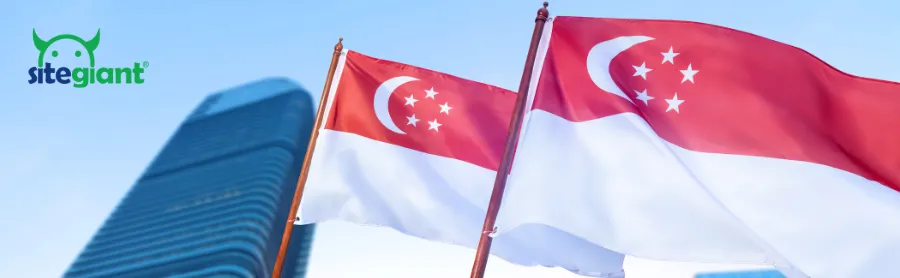 Singapore flag waving between the sky and city