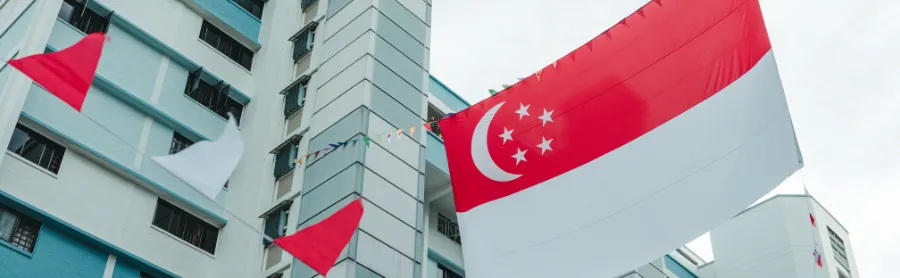 Singapore flag hanging between cites