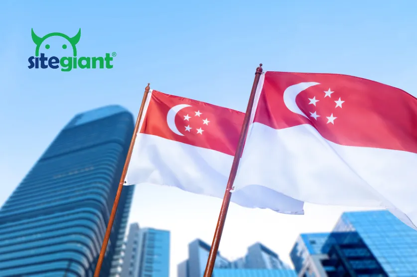 Singapore flag raised above the sky and city