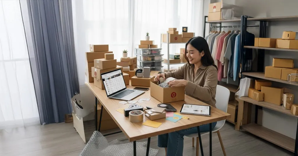 Online seller happy packing white using sitegiant webstore