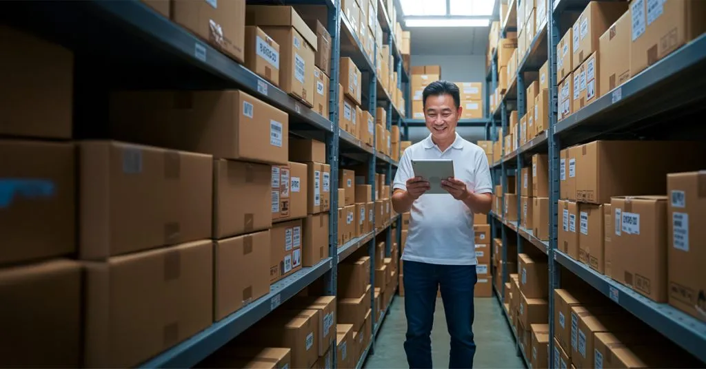 Singapore SME business owner updating stock levels on a tablet while surrounded by product boxes – inventory management in Singapore