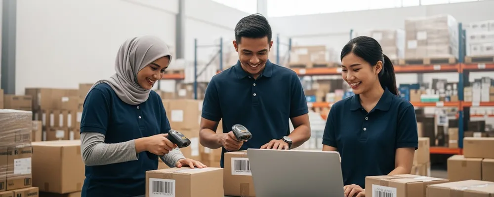Singaporean businesswoman smiling with her team while scanning products with a barcode scanner in a warehouse – inventory management in Singapore