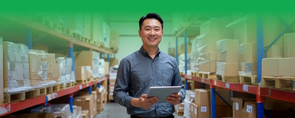 Chinese Singaporean shop owner checking stock in a small warehouse with boxes neatly arranged – SiteGiant inventory management Singapore