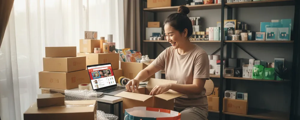 Online seller happy packing white using sitegiant webstore