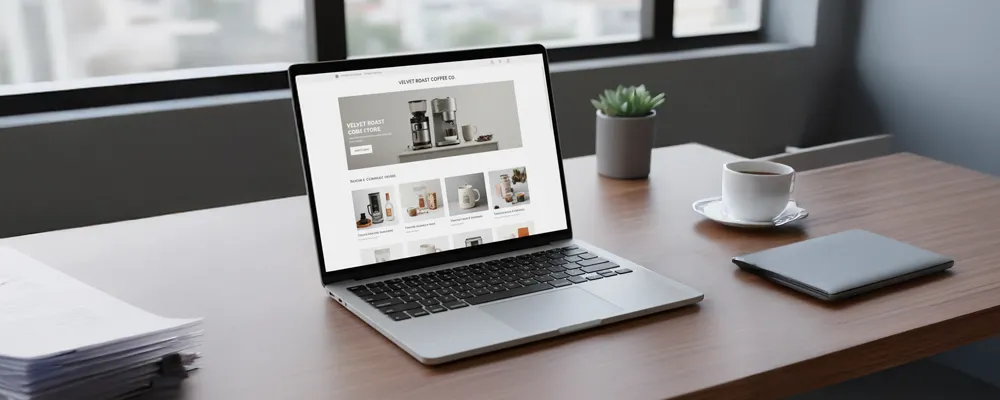 Example of a webstore showing product listings and shopping cart on desktop