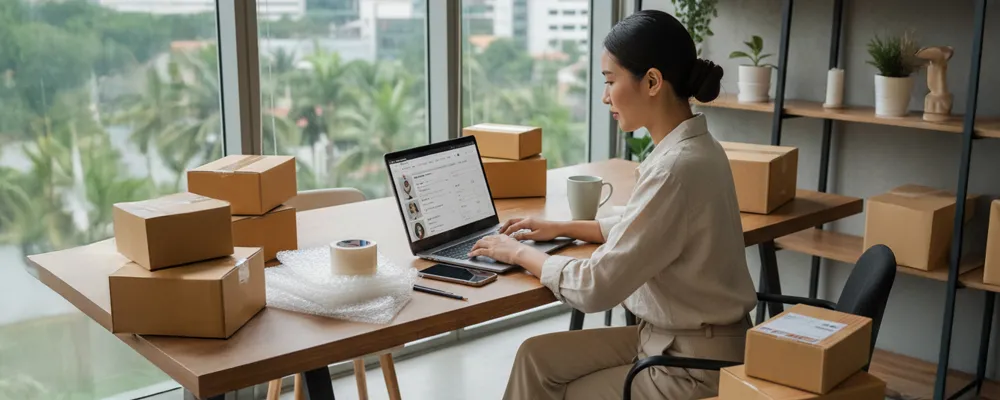 SME business owner setting up an online store on a laptop surrounded by products