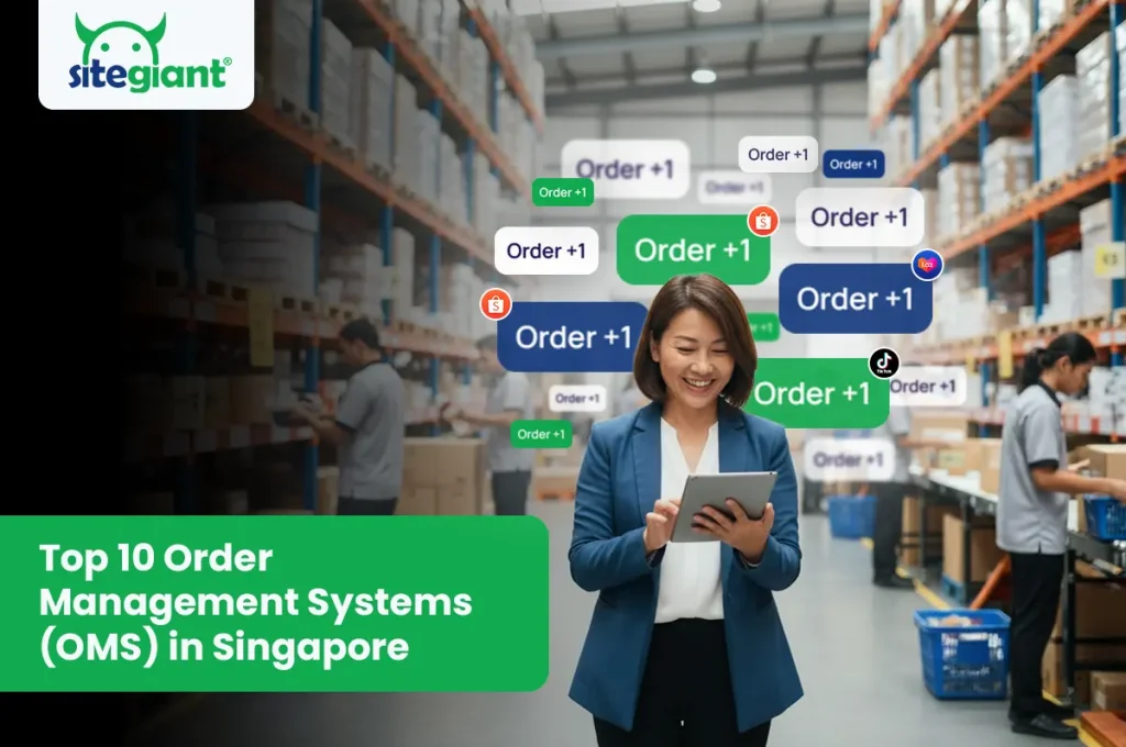 Singaporean SME owner smiling while holding a tablet, surrounded by “Order +1” notifications showing increasing online sales.