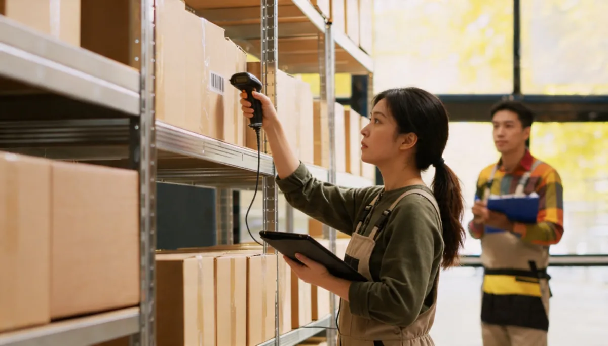 Malaysian warehouse operator holding barcode scanner, checking inventory accuracy while evaluating ERP suitability.