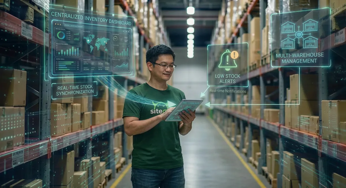 Malaysian SME warehouse operator scanning products in organized storage racks, experiencing streamlined inventory management with ERP solution.