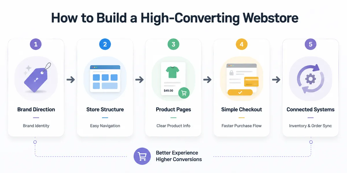 Ecommerce business owner building a high-converting branded webstore step by step to improve customer experience and online sales performance.