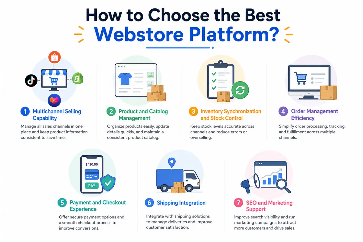 Business owner comparing key factors when choosing the best webstore platform for their ecommerce business.